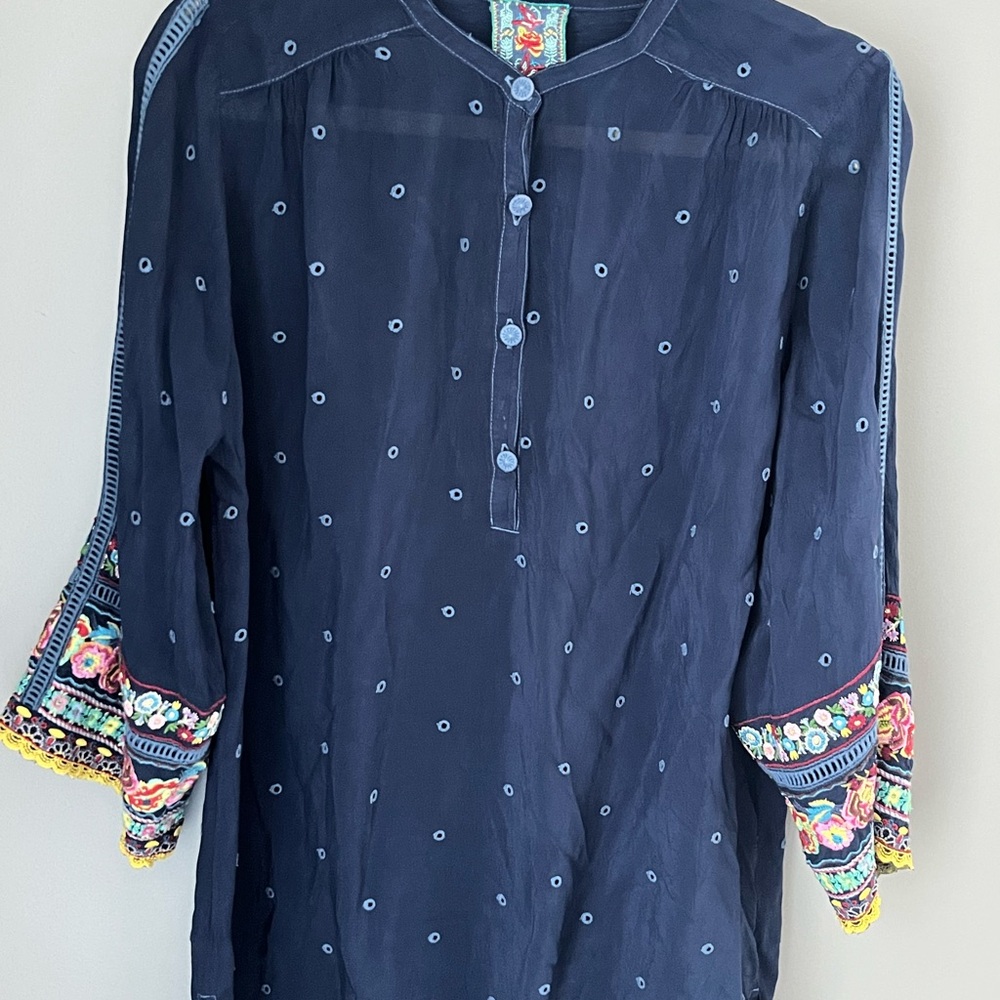 Johnny Was Navy Sheer Tunic Blouse with Colorful Embroidery